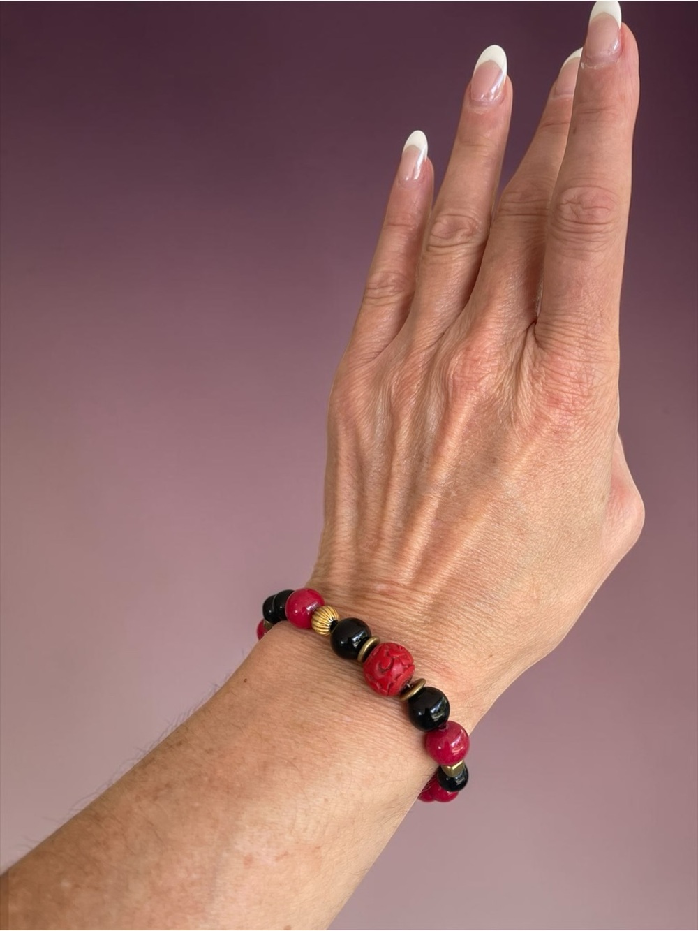 Vintage Carved Red Coral Aventurine Bead Bracelet Gold Tone Accents